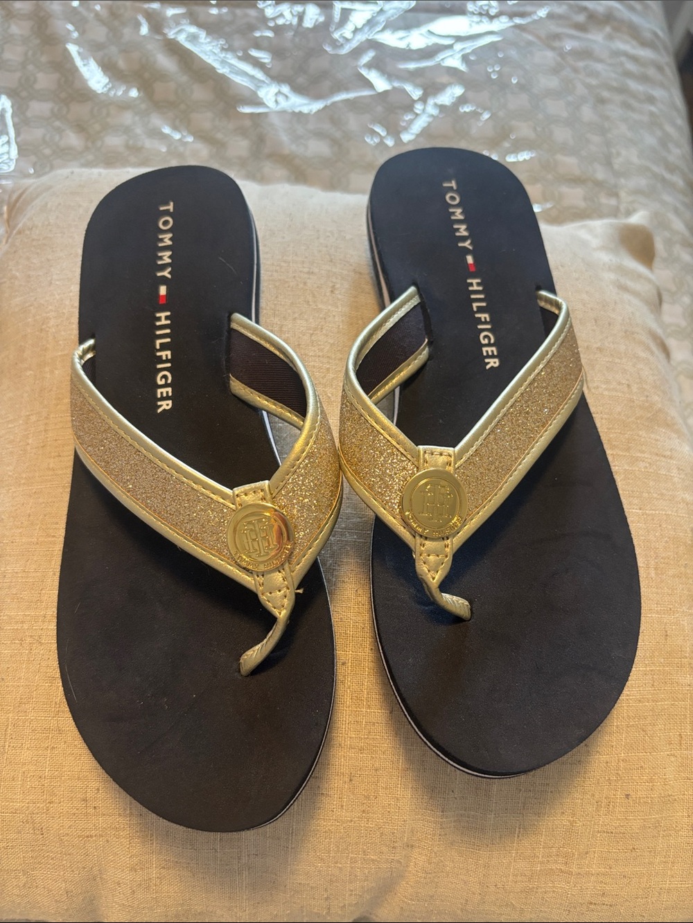 Tommy Hilfiger Black Footbed Gold Glitter Strap Logo Thong Sandals